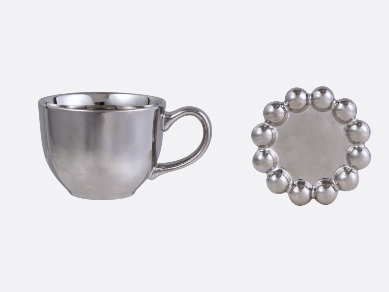 Stoneware Mug + Saucer with Chrome Finish