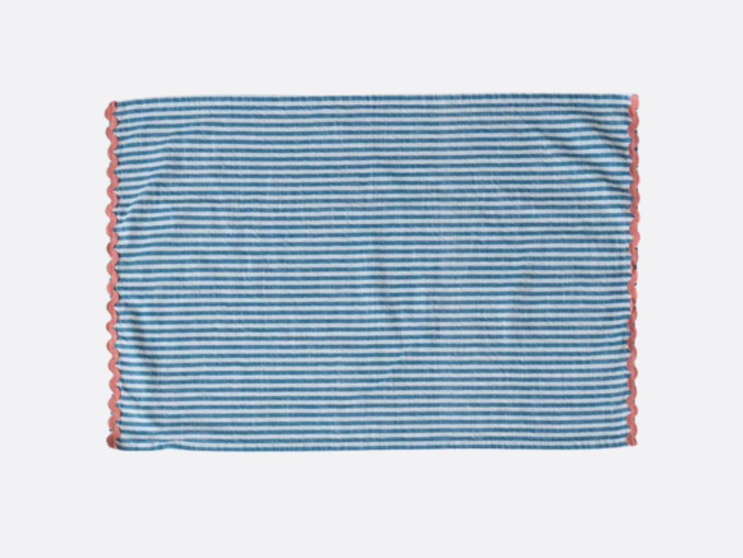 Woven Cotton Striped Tea Towel with Ric Rac Trim