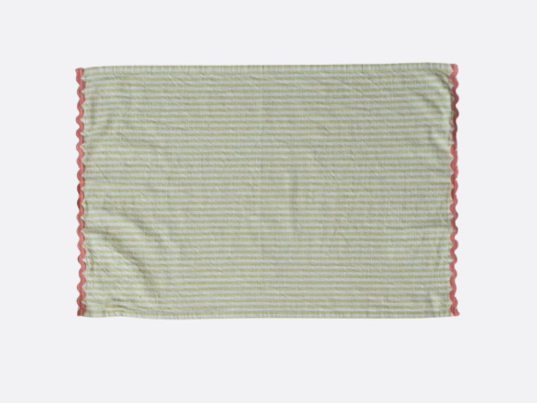 Woven Cotton Striped Tea Towel with Ric Rac Trim