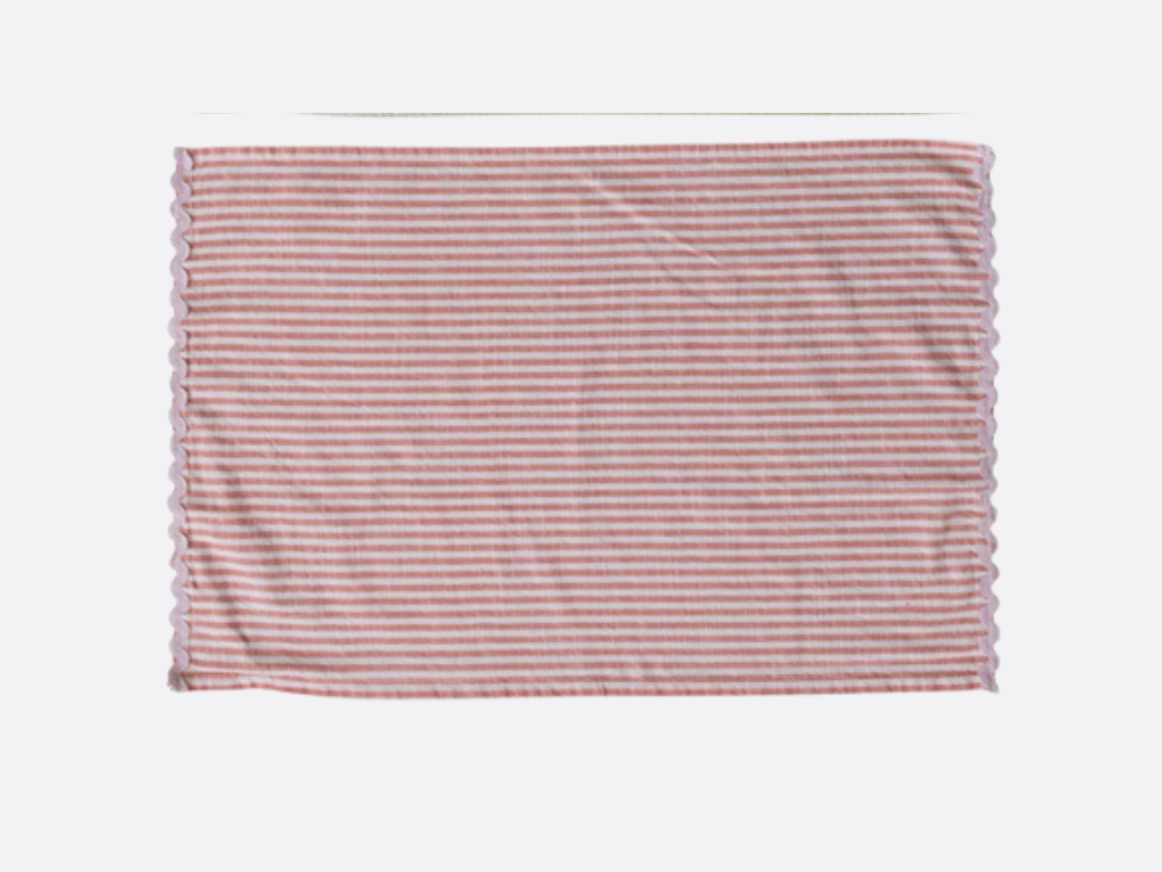 Woven Cotton Striped Tea Towel with Ric Rac Trim