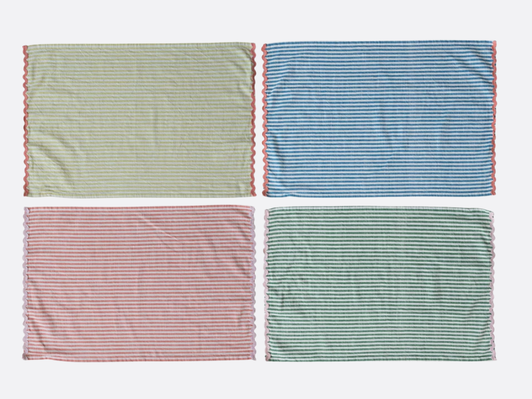 Woven Cotton Striped Tea Towel with Ric Rac Trim