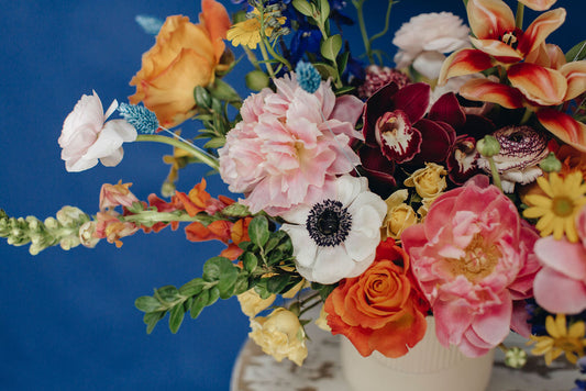 Image of Beet & Yarrows Zion Arrangement. Includes bright colored spring florals against a deep blue background. 