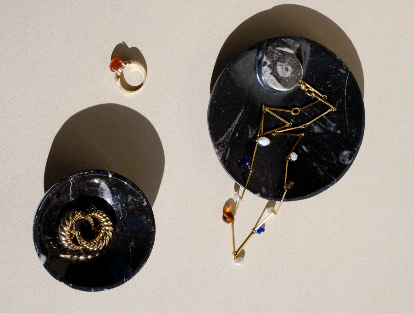 Black Ammonite and Orthoceras Round Spiral Dish