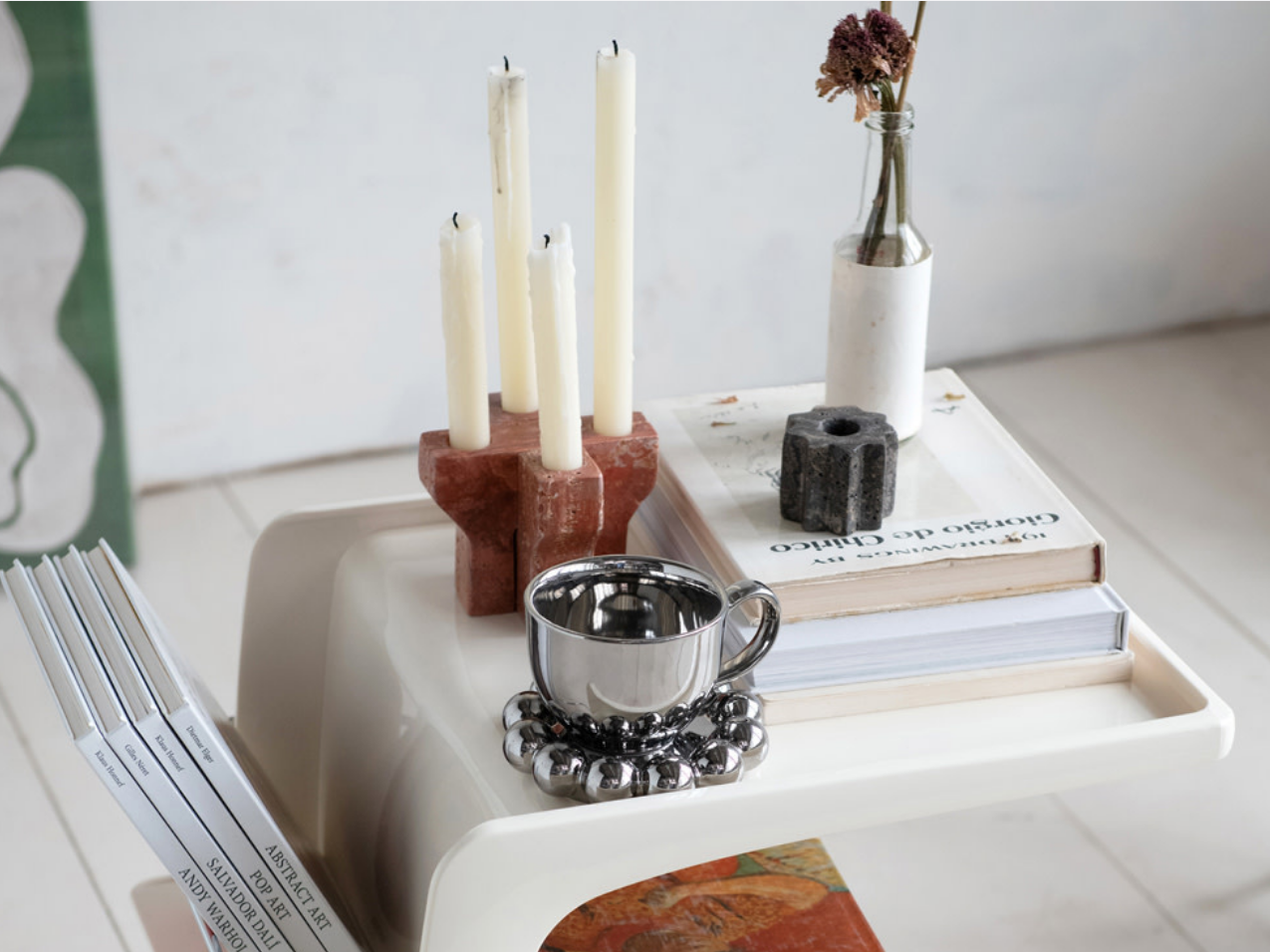 Stoneware Mug + Saucer with Chrome Finish