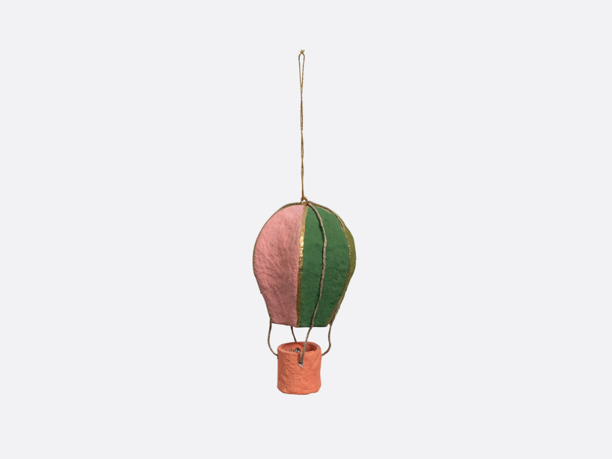 Paper Mache Hot Air Balloon Ornament - Pink + Green