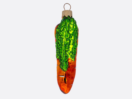 Orange Carrot with Glitter Leaves Glass Ornament