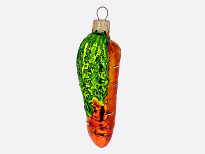 Orange Carrot with Glitter Leaves Glass Ornament